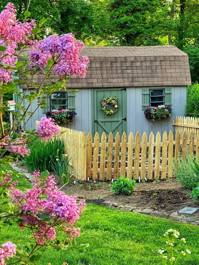 5 budget friendly ways to landscaping for curb appeal, lilac blooms and a garden shed on the happy gardening tour