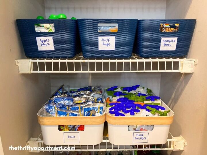 budget friendly snack pantry ideas for the entire family, snack pantry storage bins with labels