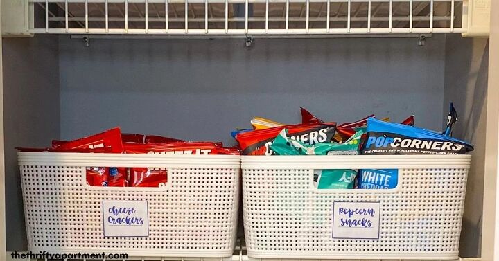 budget friendly snack pantry ideas for the entire family, storage bins with labels