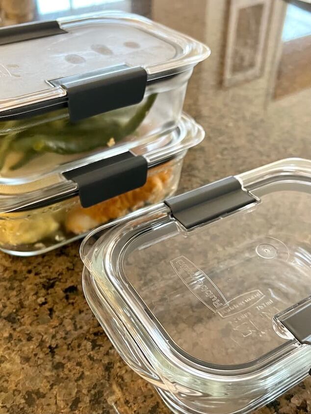 25 simple ideas for how to declutter your kitchen, Use stackable glass food storage containers in your refrigerator
