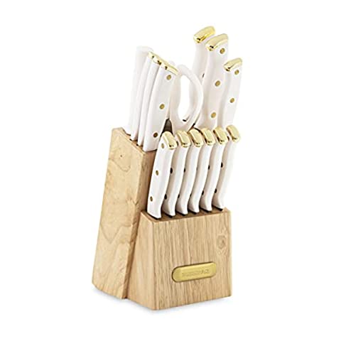 how to accessorize a kitchen 20 easy decor tips, Farbarware White and Gold Knives in Wooden Knife Block