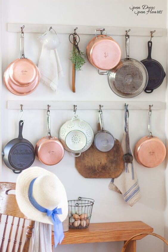 7 beautiful thrifty european farmhouse spring home accessories, DIY pot rack decorated for neutral and simple Spring