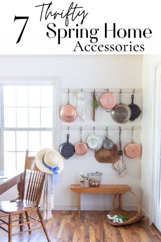 7 beautiful thrifty european farmhouse spring home accessories, DIY pot rack with vintage copper collection and a thrift store basket full of tulips for simple spring decor in the dining room