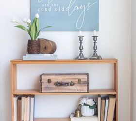simple beautiful spring decor ideas spring home tour, Raw wood finish bookcase with a miss mustard seed milk paint sign above it