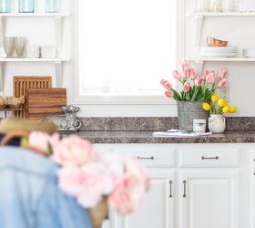 simple beautiful spring decor ideas spring home tour, white kitchen with tulips in a vintage bucket for Spring decor