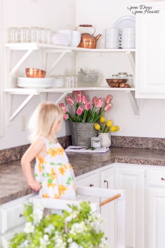 simple beautiful spring decor ideas spring home tour, farmhouse kitchen open shelves with Spring decor