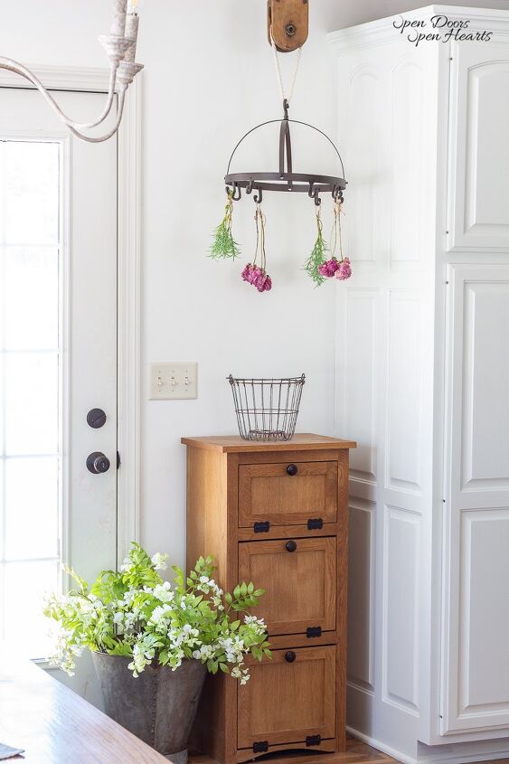 simple beautiful spring decor ideas spring home tour, bread box with dried peonies from drying rack for Spring decor