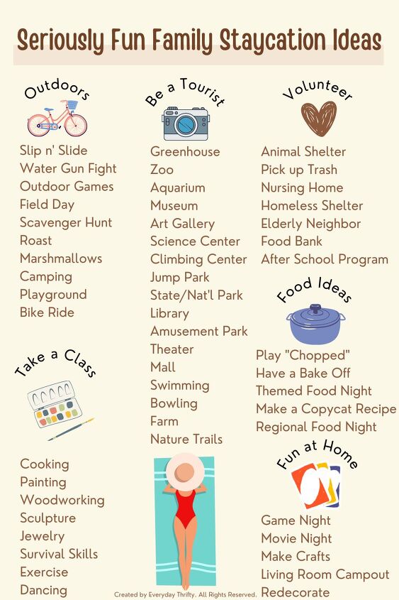 66 awesome staycation ideas for families in 2023, Staycation Ideas for Families Pinterest Graphic with ideas for outdoors around town volunteering fun at home etc