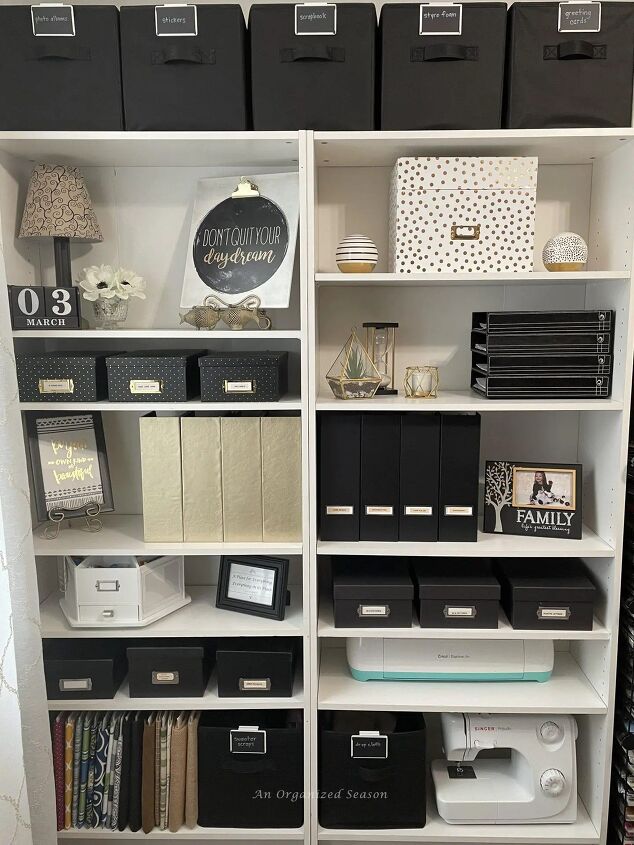 brilliant ways to organize your office suppliesif typeof ez ad units, White bookshelves storing black white and gold organizers