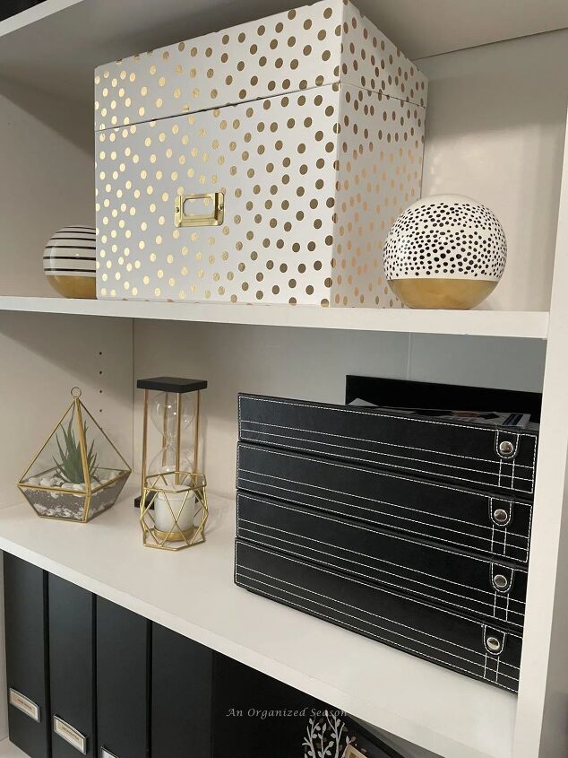 brilliant ways to organize your office suppliesif typeof ez ad units, Use stackable trays and decorative storage boxes on a shelf