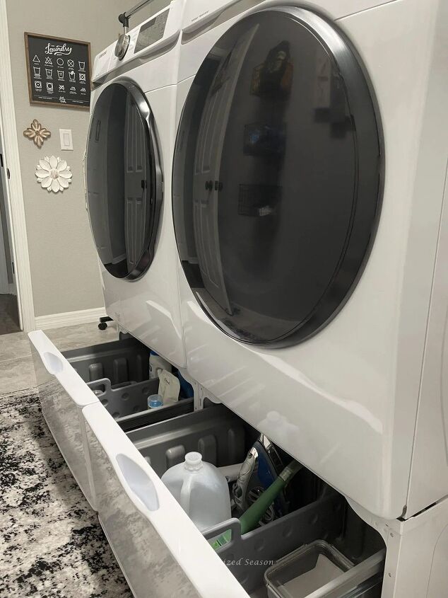 tips to create a beautiful organized laundry roomif typeof ez ad uni, Pedestal drawers under a washer and dryer that are pulled open