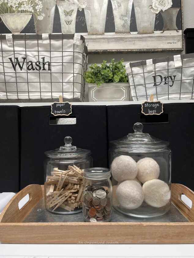 tips to create a beautiful organized laundry roomif typeof ez ad uni, Store dryer balls clothespins and coins in glass jars on the dryer tip four to create an organized laundry room