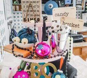 the best ways to use books in your decorating, Halloween Tiered Tray using DIY monsters from repurposed ornaments