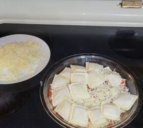 extreme budget meal plan simple and delicious meals under 25 dollars, A plate of grated cheese next to a dish with layered pasta sauce ravioli and cheese