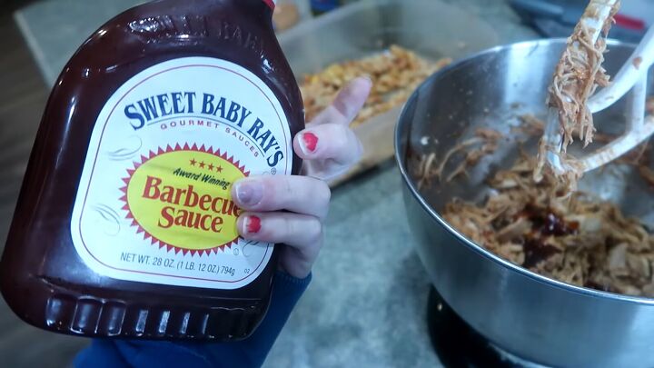 6 insanely quick and delicious budget family meals for busy weeknights, Sweet Baby Ray s barbecue sauce next to a bowl of pulled barbecue chicken