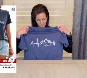 unboxing my temu haul prepare to be amazed, Woman holding a short sleeve blue T shirt