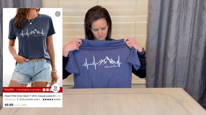 unboxing my temu haul prepare to be amazed, Woman holding a short sleeve blue T shirt