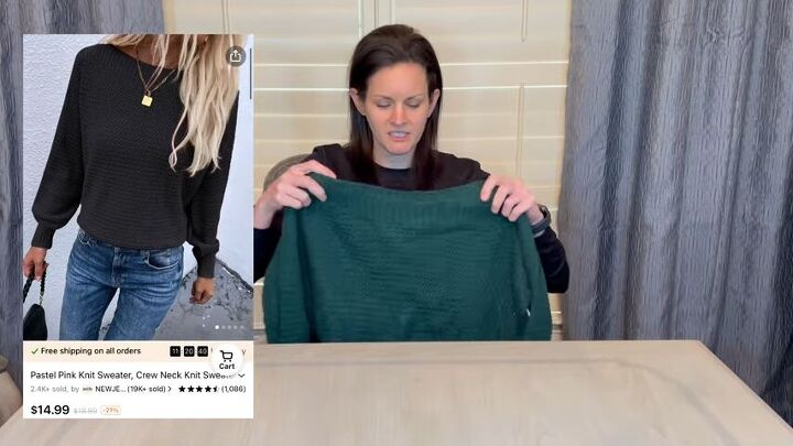 unboxing my temu haul prepare to be amazed, Woman holding a lightweight green sweater