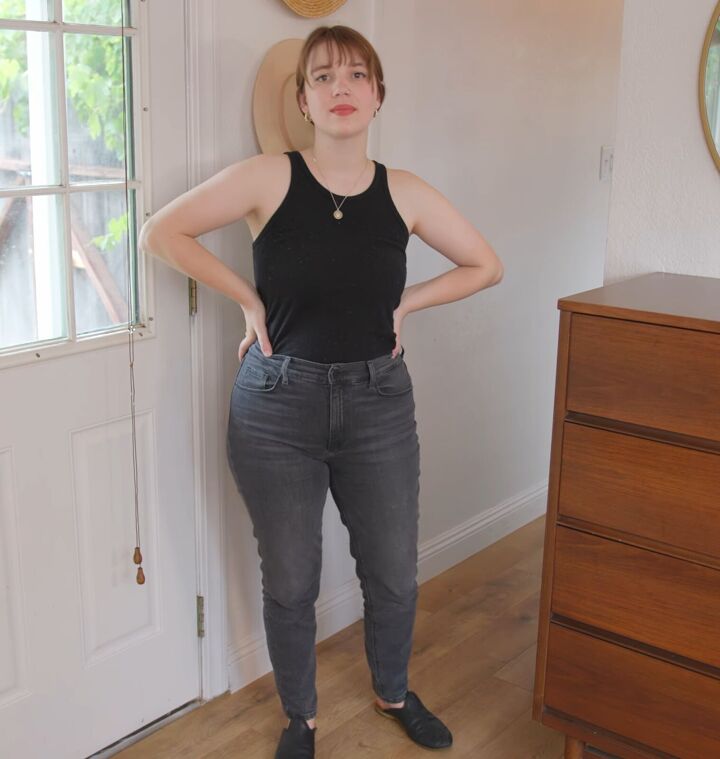 how to create 7 chic outfits with a spring capsule wardrobe, Spring look Gray jeans and black tank top