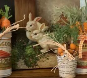 diy easter decor how to make affordable stylish decorations, Decoupaged tin pots filled with crafted carrots