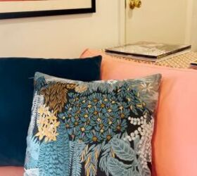 maximalist apartment tour creative diy projects fun thrifted items, Custom dyed coral pink IKEA sofa