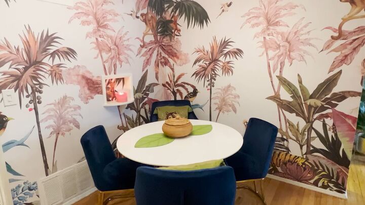 maximalist apartment tour creative diy projects fun thrifted items, Pink tropical dining room with blue velvet chairs
