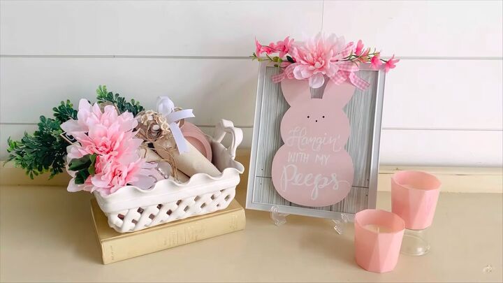 5 cute simple diy dollar tree farmhouse decor crafts, Hanging peeps sign for spring