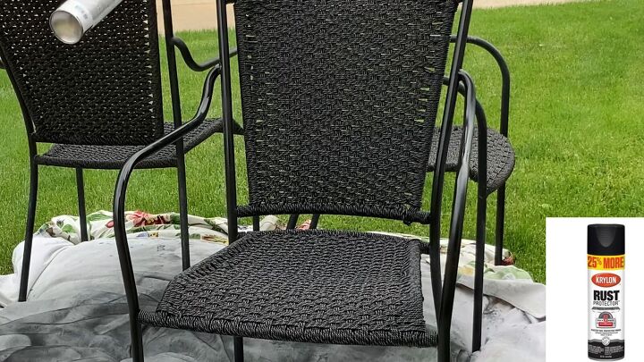 patio makeover on a budget, Touching up chairs with spray paint