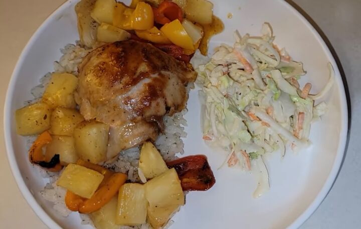realistic family dinners, Hawaiian barbecue chicken with coleslaw and rice