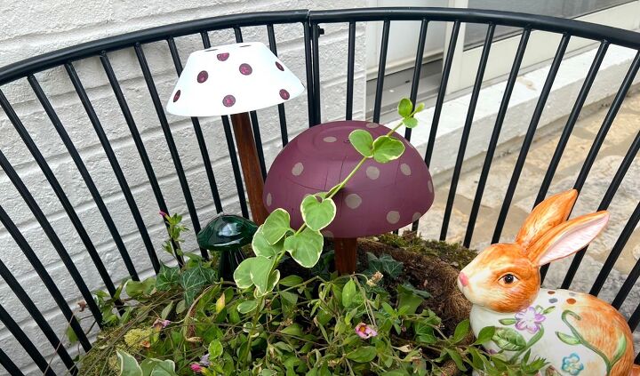 patio makeover, DIY mushrooms in a garden