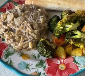 pantry challenge, Orzo meat sauce roasted veggies and breadsticks