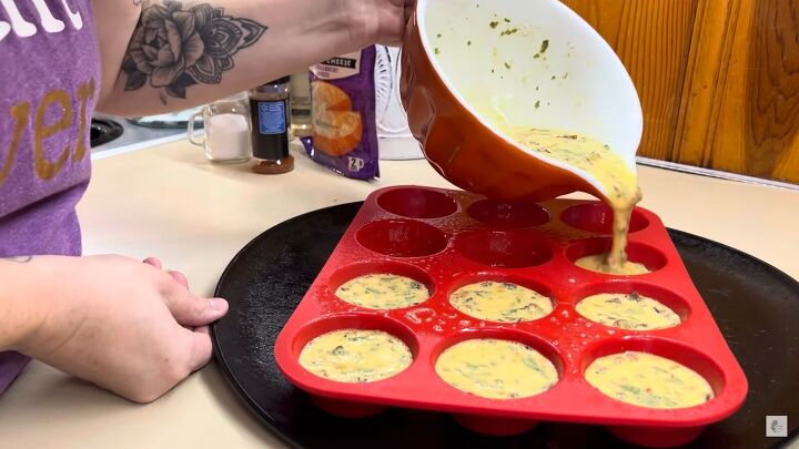 homemade kitchen restock, Pouring the egg bit mixture into a muffin tray