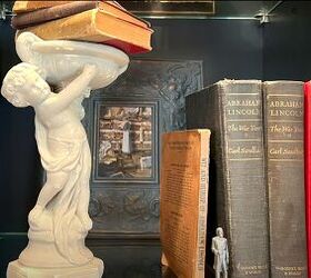 dark academia decor ideas, Statuette with stacked books