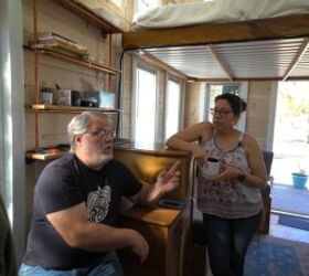 building a tiny house with recycled materials, Chatting inside tiny house