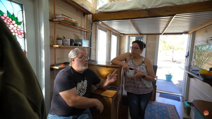 building a tiny house with recycled materials, Chatting inside tiny house