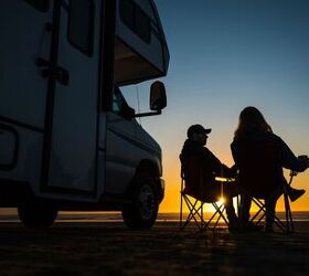 no spend challenge, Sitting outside RV at sunset