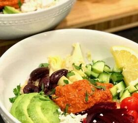 frugal meals that are also healthy delicious, Greek Quinoa Bowls with Romesco Sauce