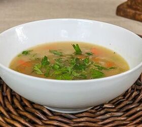 frugal meals that are also healthy delicious, A bowl of soup sitting on a table with Creamy turkey soup
