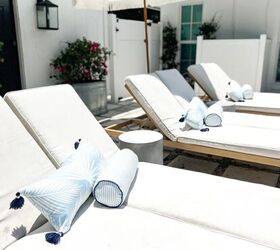 31 easy ideas to decorate a patio or porch for summer, gorgeous white chaise loungers with blue and white outdoor pillows