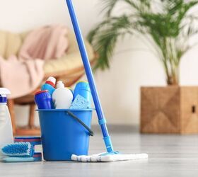 weekly cleaning schedule for busy people save time and money, Cleaning products image via Canva