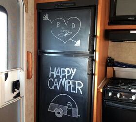 paint your ugly rv fridge with chalkboard paint, appliances, chalkboard paint, painting, Our fun new chalkboard fridge We are now Happy Campers