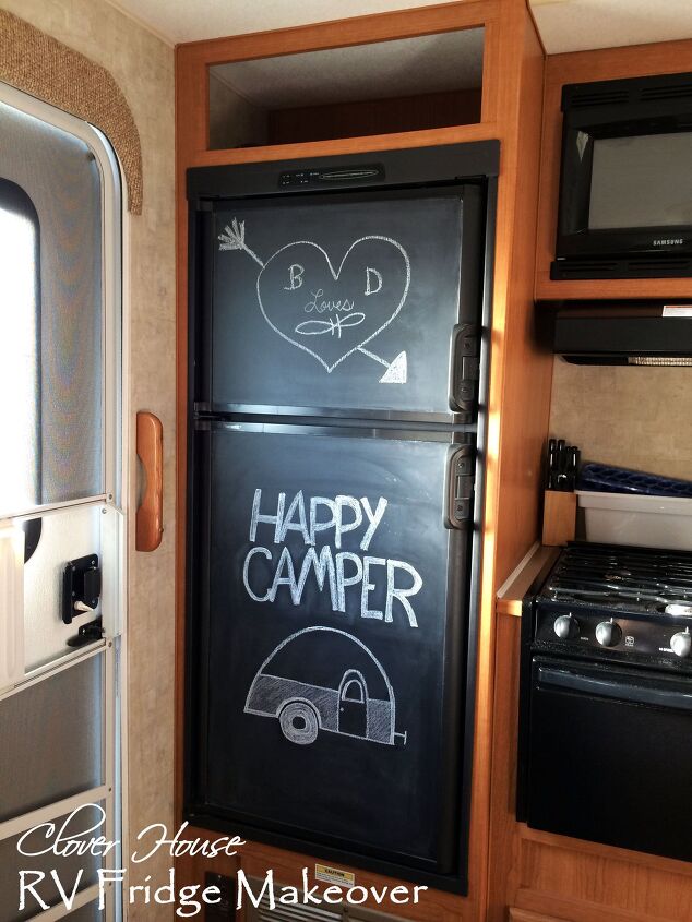paint your ugly rv fridge with chalkboard paint, appliances, chalkboard paint, painting, Our fun new chalkboard fridge We are now Happy Campers